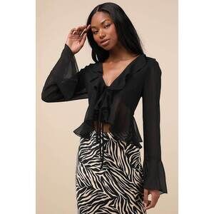 Lulus Thriving Flirt Black Chiffon Ruffled Long Sleeve Tie-front Top - Size S